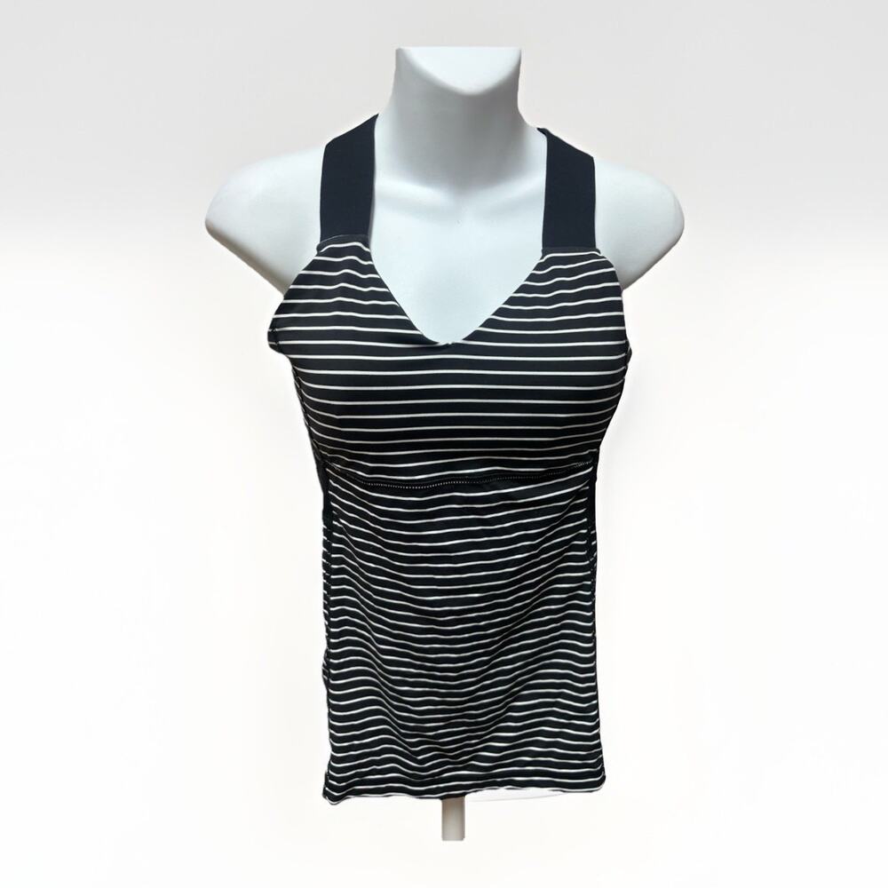 Lululemon Womens Tank Top Size 6 Black White Striped Built In Bra Strappy Back